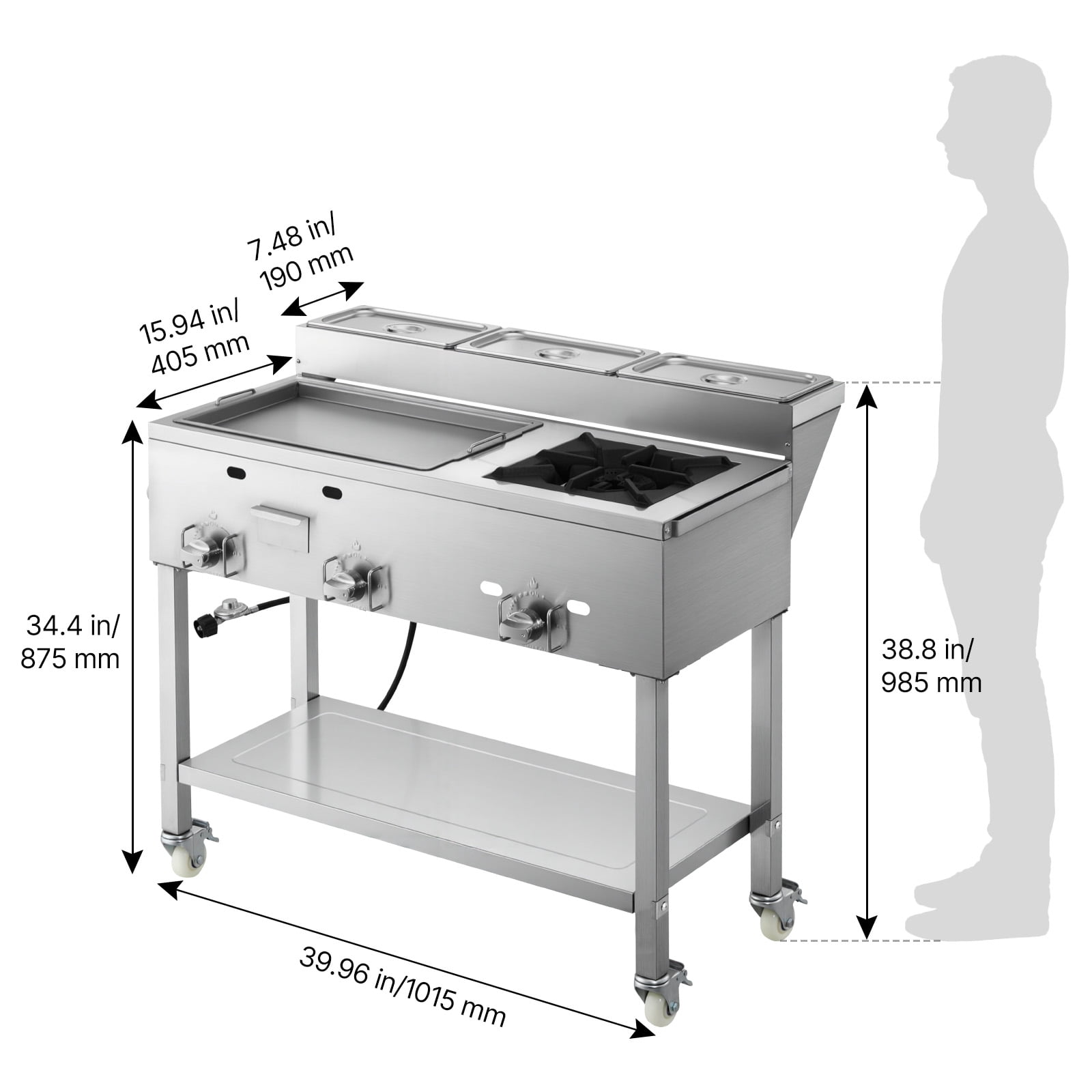 KFFKFF Outdoor Propane Griddle with 3 Burners (11,600 BTU Each), Stainless Steel Cooking Surface, Includes Three 1/3 Size Food Pans, Portable Cart with Wheels and Gas Stove