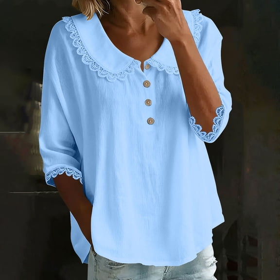 HongQid Women's Summer Boho Floral 3/4 Sleeve Tunic Top Flowy Casual Loose Cute Plus Size Button Up Blouse Shirts