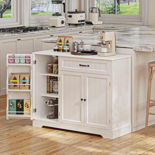 Aiho 42” Coffee Bar Cabinet with Storage, Kitchen Storage Cabinet, Sideboard Buffet Cabinet with 8 Shelves, 1 Drawer - White
