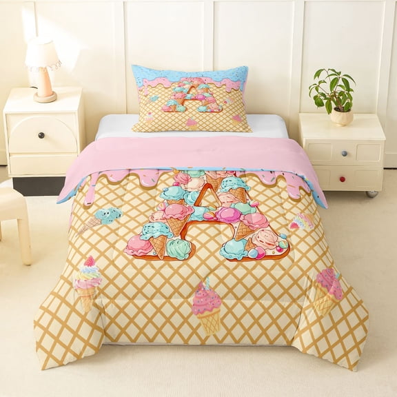 Manfei Lovely Letter A Twin Comforter Sets,Sweet Ice Cream Bedding Set,Yellow,Pink Reversible,2pcs,1 Comforter and 1 Pillowcase