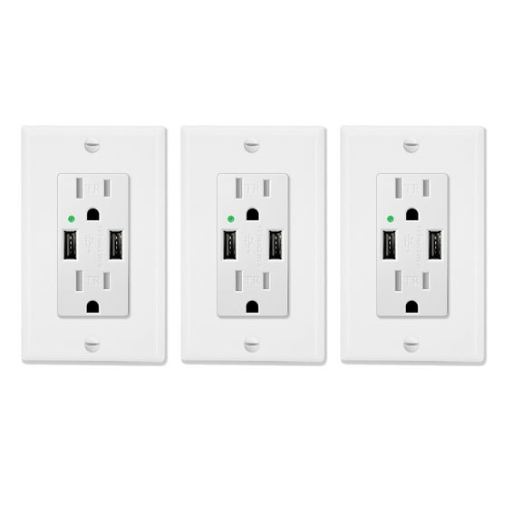 Greencycle 4.2A USB Receptacle Outlet with Dual USB Charging Ports and 2 Tamper-Resistant AC Sockets (15A/125V/1875W), Wall Plate Included, UL listed, 3-Pack, White