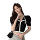 thumbnail image 1 of Camisa de solapa para mujer con manga abullonada, top corto, camiseta de bloque de color de punto para niña, negro kenally AP001562-01B, 1 of 7