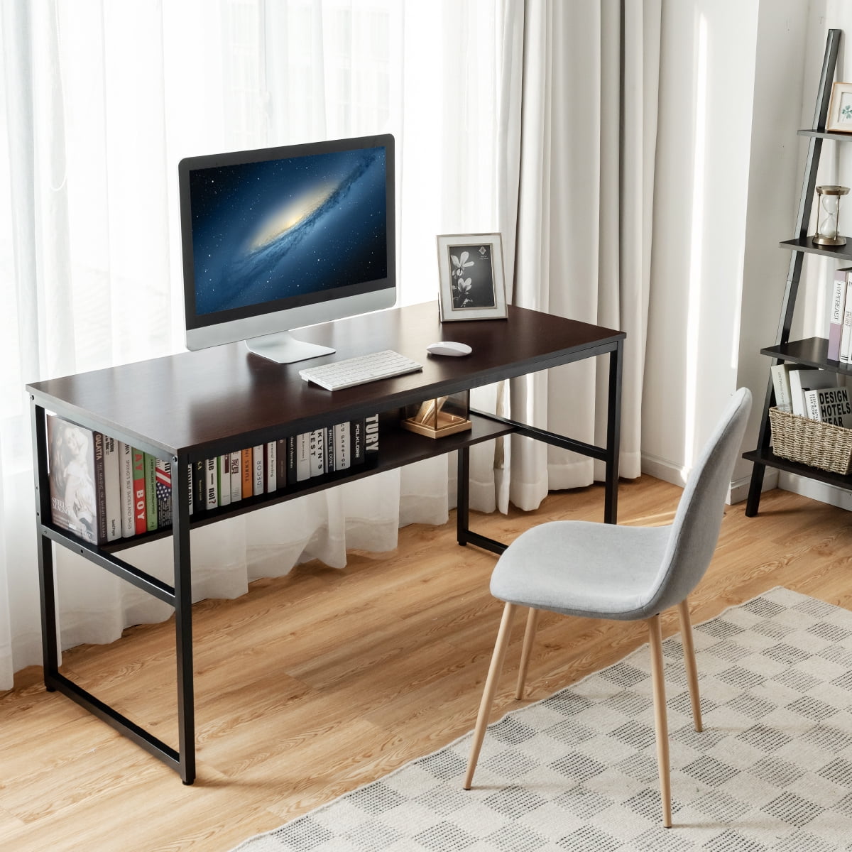 Costway 55'' Industrial Computer Desk  w/ Storage Shelf  Adjustable Foot Pads Home Office Coffee