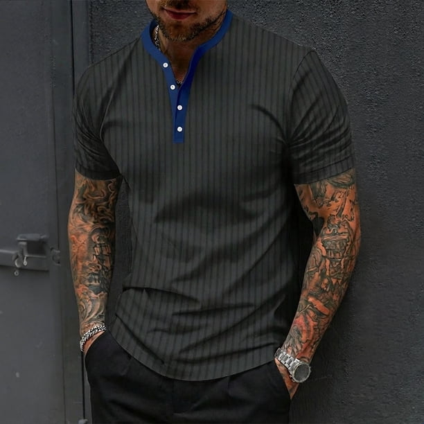 Ceisia Men's Relaxed Fit Stretch Stand-Up Collar Short Sleeve Shirt - Ribbed Texture with Contrast Trim Black S Gifts