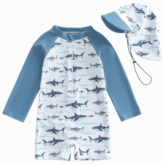 Linfrsh Baby Boy Swim Suit Toddler Baby Boy Girl Swimsuit One Piece Striped Zipper Bathing Suit Rash Guard Long Sleeve Seersucker Swimwear Hat(Grey,12-18 Months)