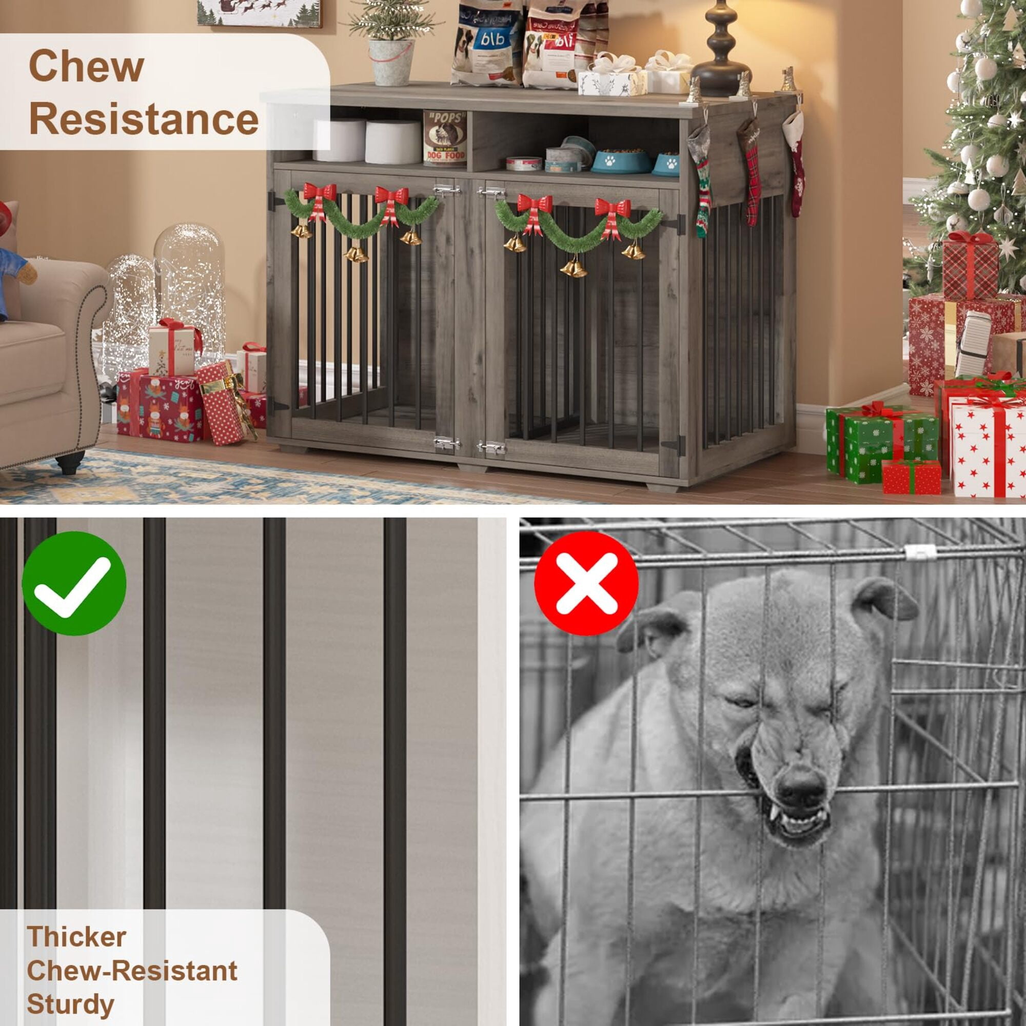 41" Washed Gray Farmhouse-Style 2-Door Dog Crate with Storage Shelves – Indoor Kennel Furniture for 2 Small/Medium Dogs