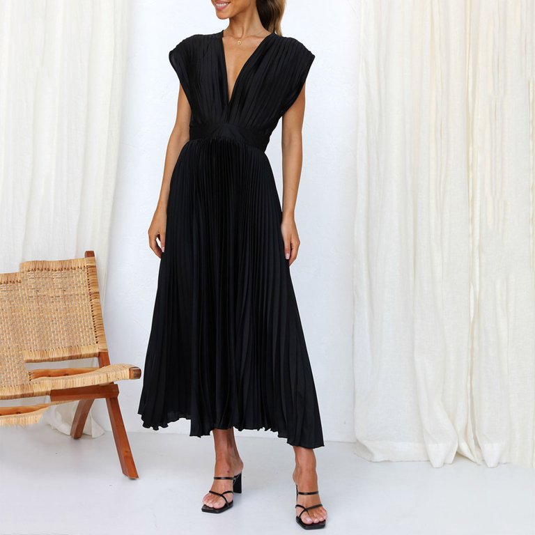 Pleated casual loose zipper sleeveless dress (Color: Black, Size: M)