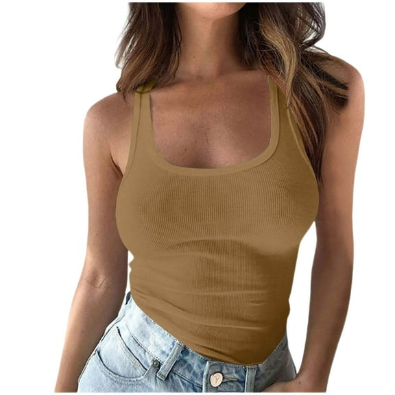 Delayuji Plus Size Going Out Tops for Women Ribbed Tank Tops Sleeveless Slim Shirts Solid Color Undershirt Brown L Polyester,Spandex Spring Tops for Women