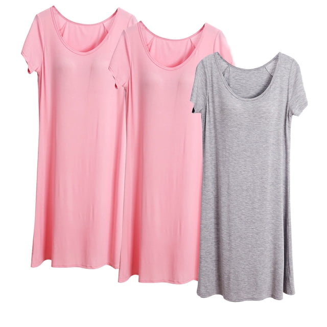 Cameland 3 Packs Chemise de Nuit avec Soutien-Gorge Intégré pour Femmes Robe de Détente Décontractée Unie Pyjama Manches Courtes Douce et Confortable