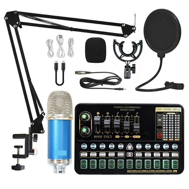 Condenser Microphone Bundle Sound Card Kit With Adjustable Mic Suspension Scissor Arm Professional Studio Wireless Karaoke MIC ,Easy to Use