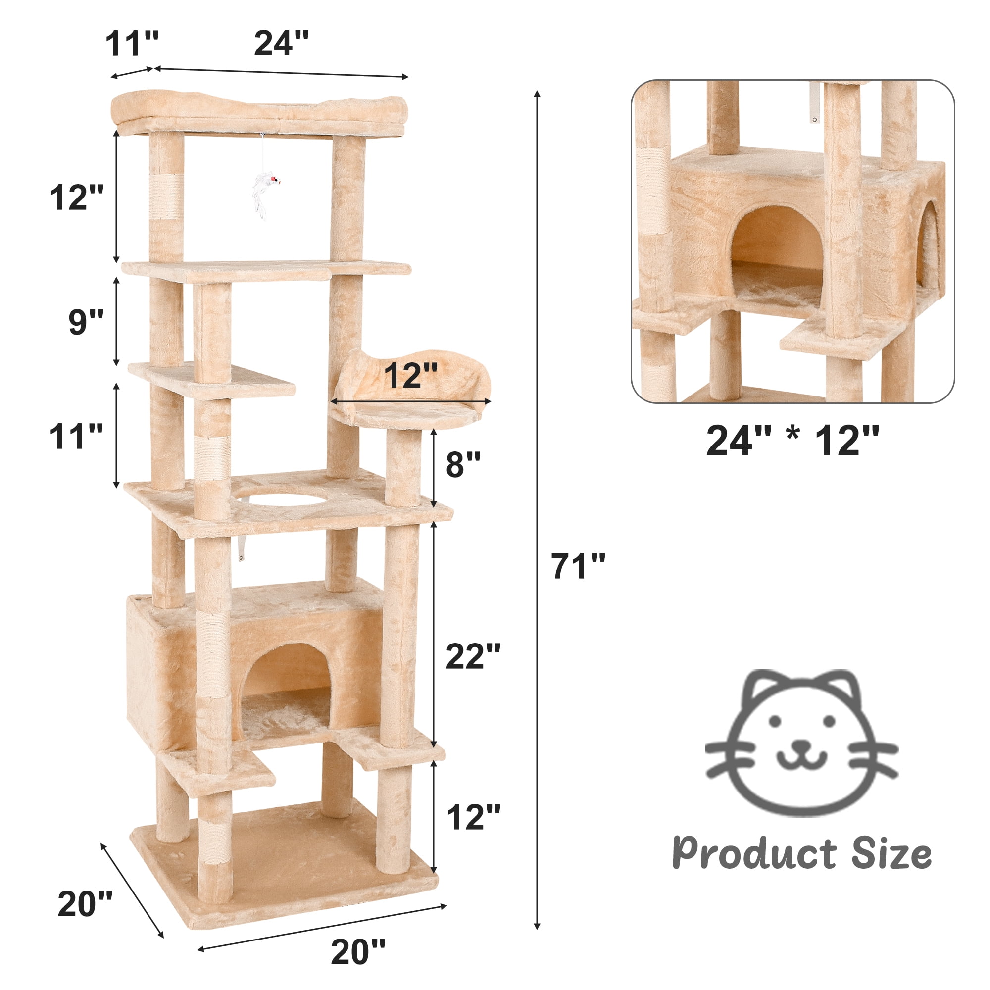 Pefilos 71" Cat Tree Tower for Large Cats, Cat Condo for Multiple Cats, Wall Large Pet Club Indoor Cat Tree Furniture, Beige Pefilos 71" Cat Tree Tower for Large Cats, Cat Condo for Multiple Cats, Wall Large Pet Club Indoor Cat Tree Furniture, Beige
