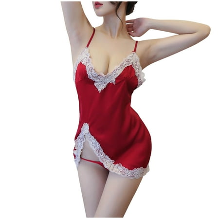 

Womens Lingerie Lace Trim Chemise Sleepwear Teddy Babydoll Full Slips Side Slit Nightgown Nightdress with Thong Set