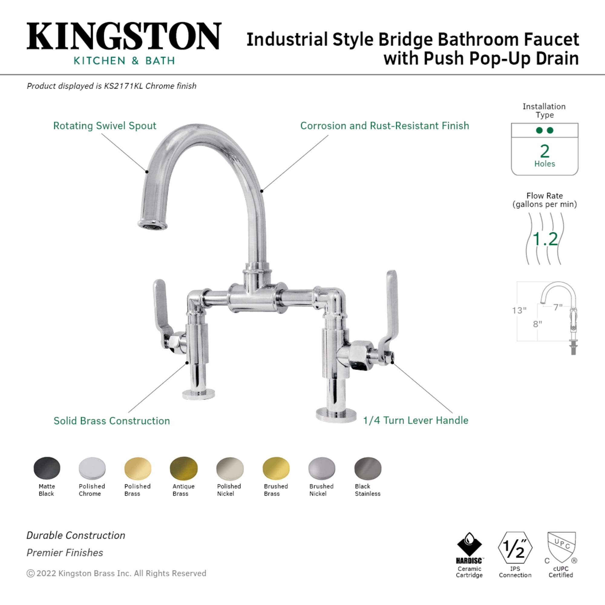 Kingston Brass KS2170KL Whitaker Industrial Style Bridge Bathroom Faucet with Pop-Up Drain, Matte Black