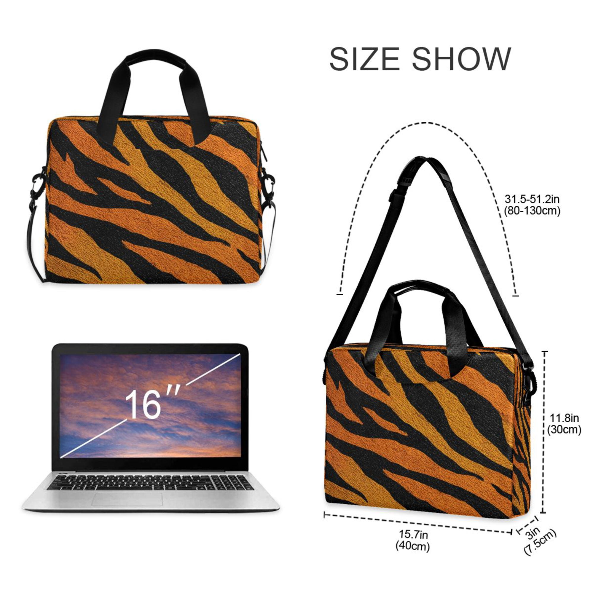 16" Laptop Briefcase, Detachable Anti-Slip Shoulder Strap, Multi-Compartment Work Travel Bag Bright Amber Tiger Stripes