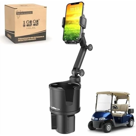 Updated ABS Golf Cart Cup Holder with Mobile Phone Holder Mount Compatible with Yamaha, EZGO, Club Car Golf Cart Model, 360° Rotatable Stand/One Click to Secure & Release/Expandable