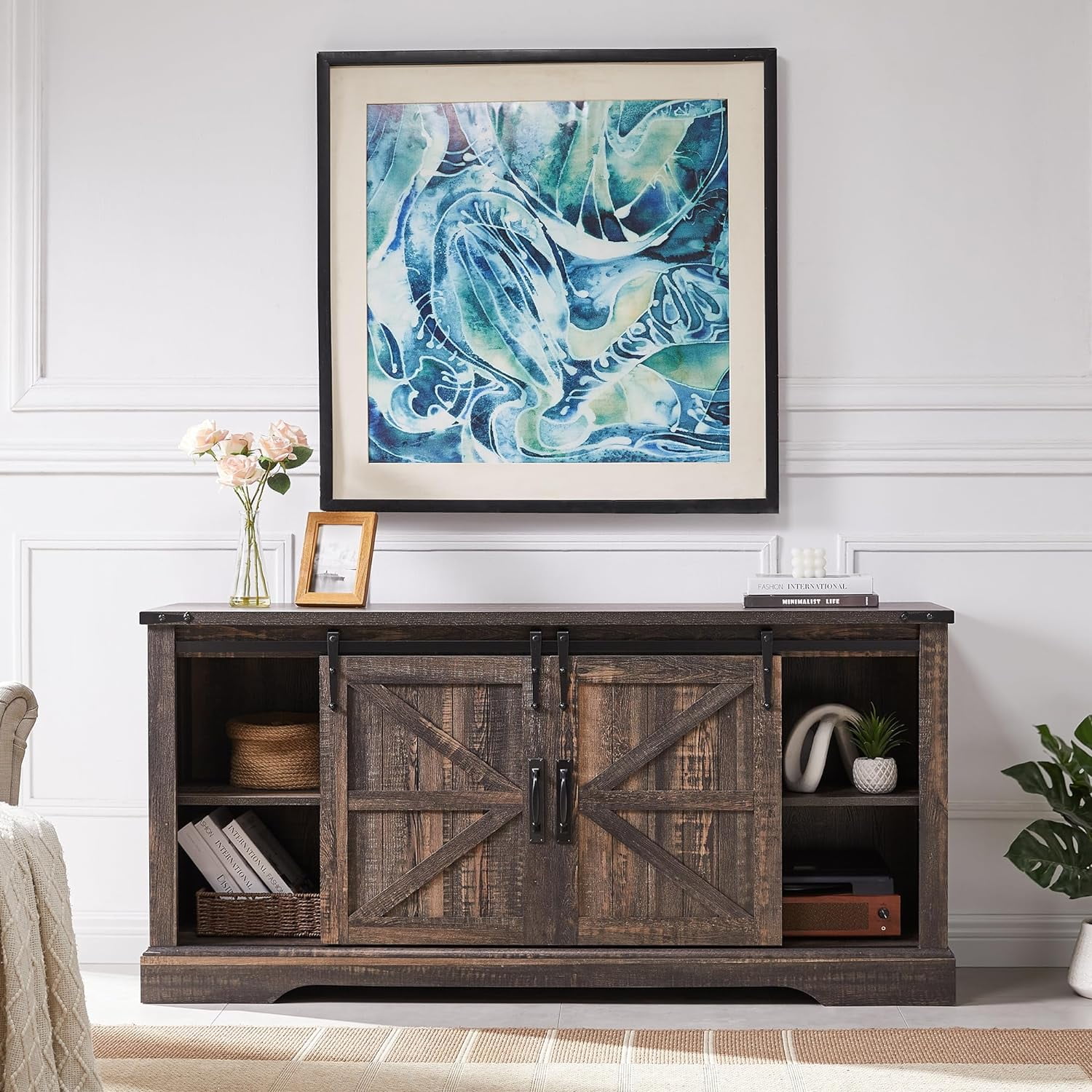 OKD Farmhouse Electric Fireplace TV Stand for TVs up to 65", Entertainment Center with Fireplace, Dark Rustic Oak