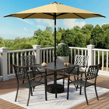 MF Studio 6-Piece Outdoor Patio Dining Set with 9 ft Umbrella, Stacking Chairs & Square Table, Black & Beige