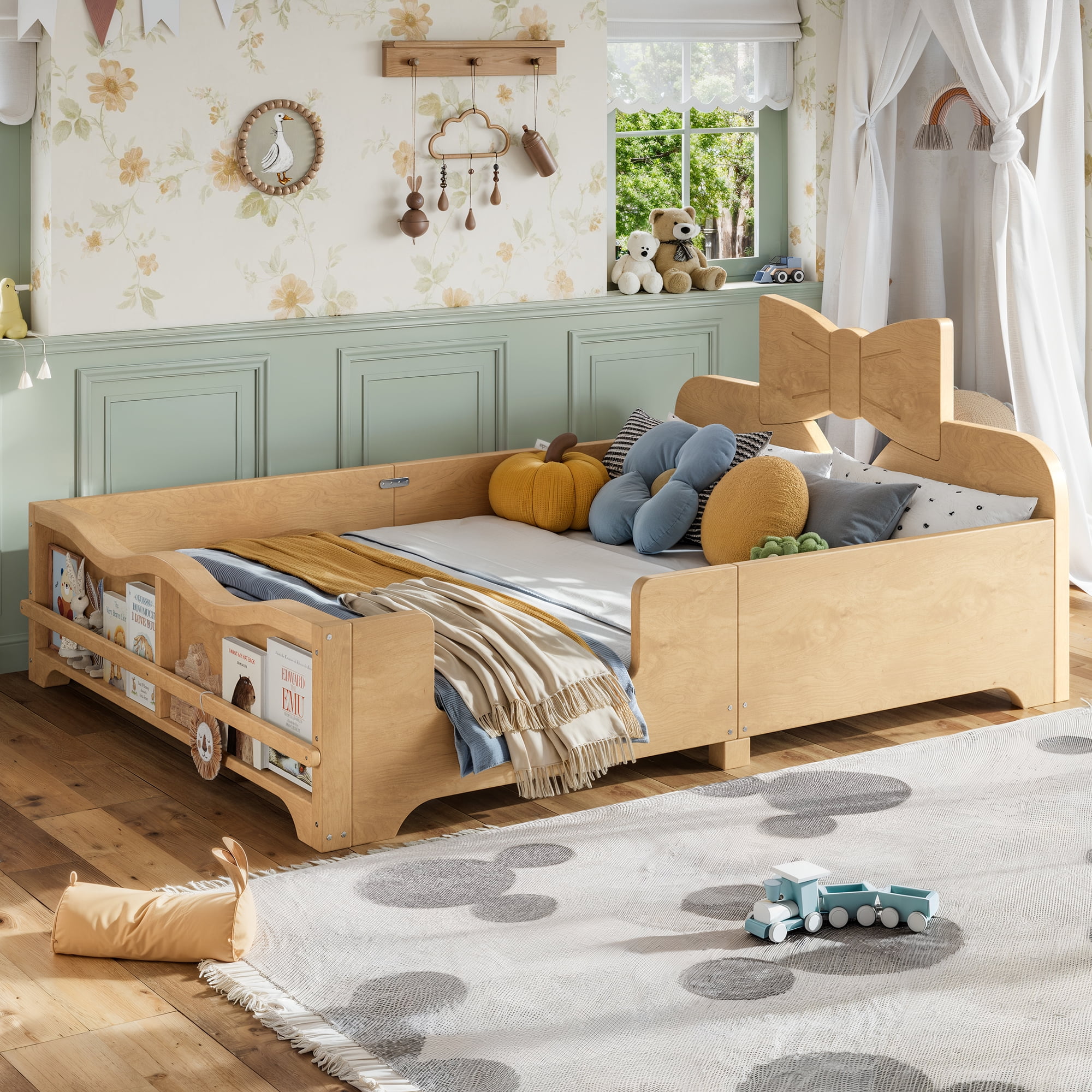 Leumius Full Platform Bed,Modern Wood Frame Bed with Full Surround Guardrails & Built-in Side Bookshelf for Kids Room,No Box Spring Needed,Natural