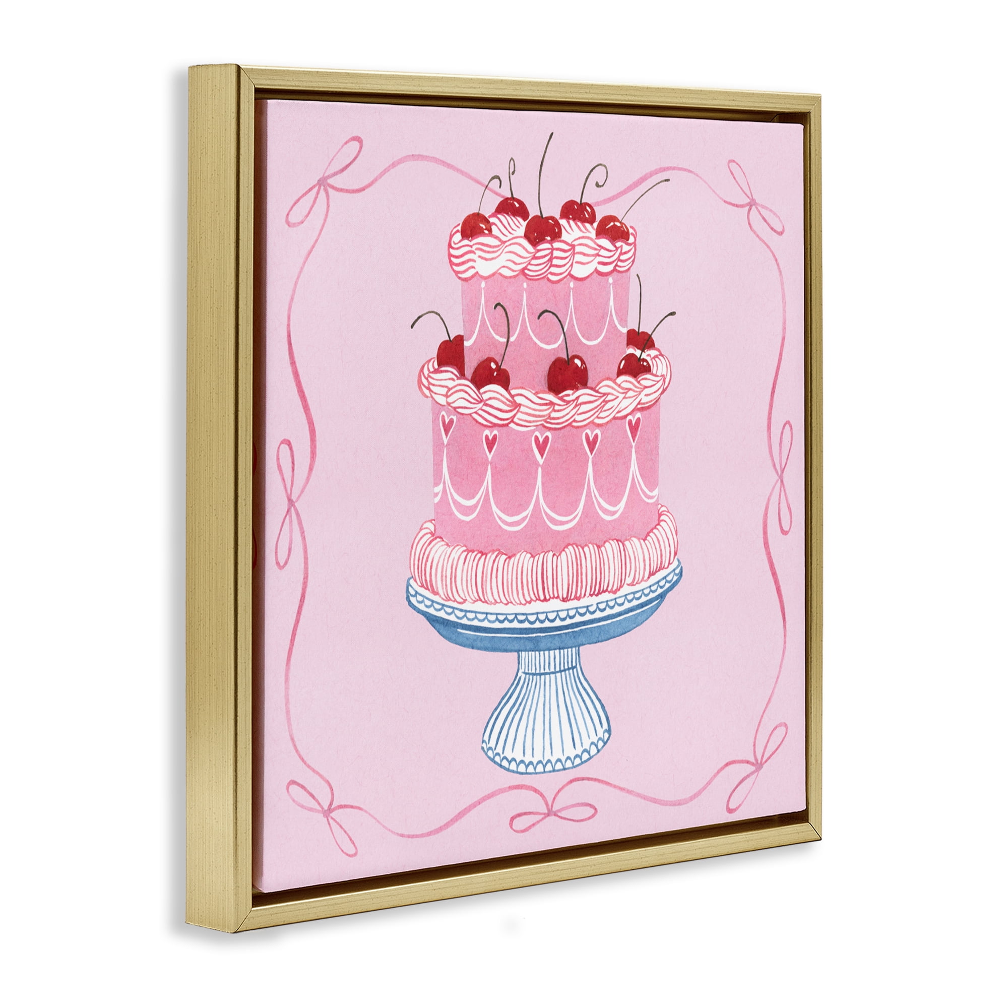 Stupell Industries Romantic Pink Cherry Cake Gold Framed Floater Canvas Wall Art, design by Grace Popp