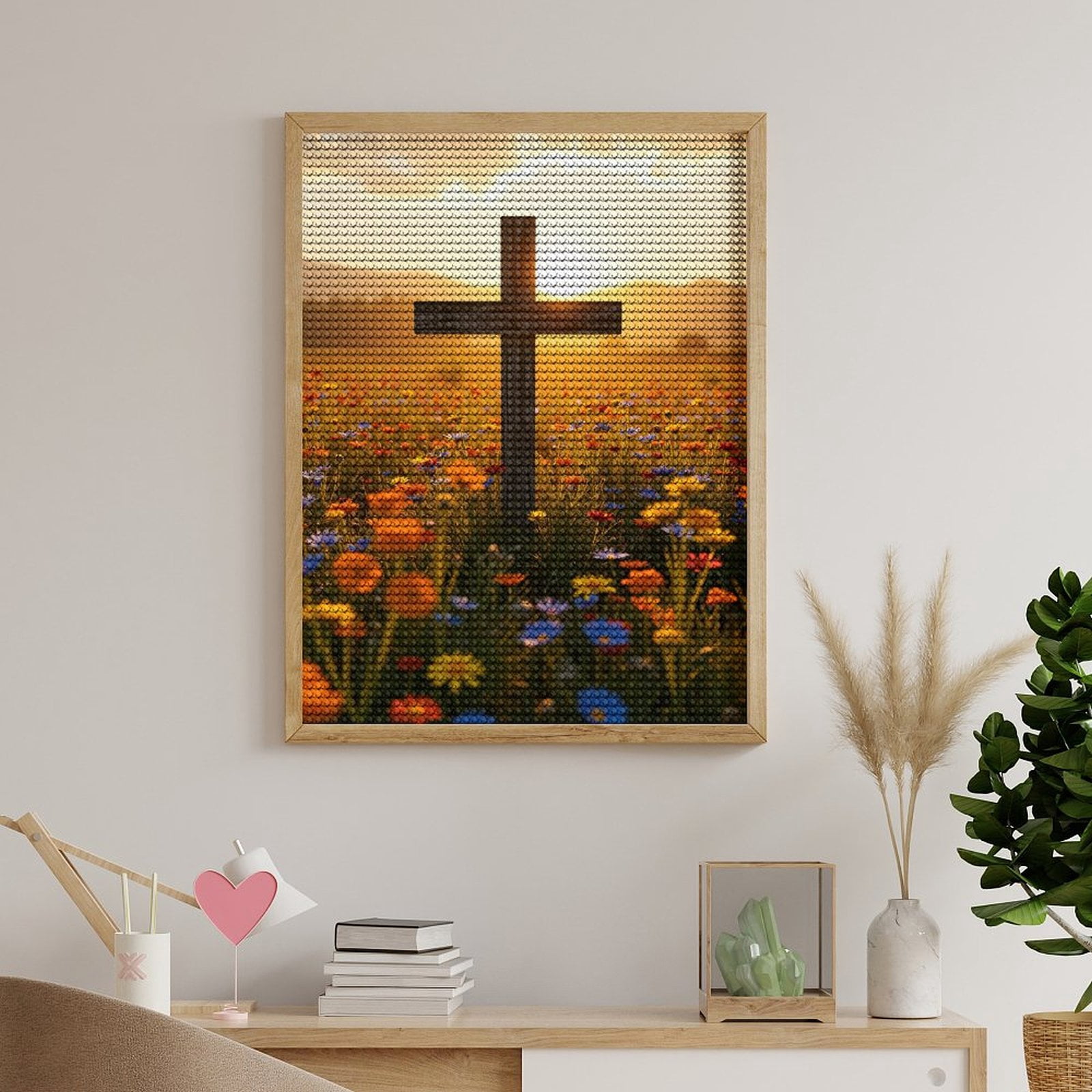Diamond Art Kits for Adults, Sunset Meadow Wooden Cross Flowers 5D Diamond Painting Kits for Adults Beginners, DIY Full Drill Diamond Painting, Gem Art and Crafts 12x16