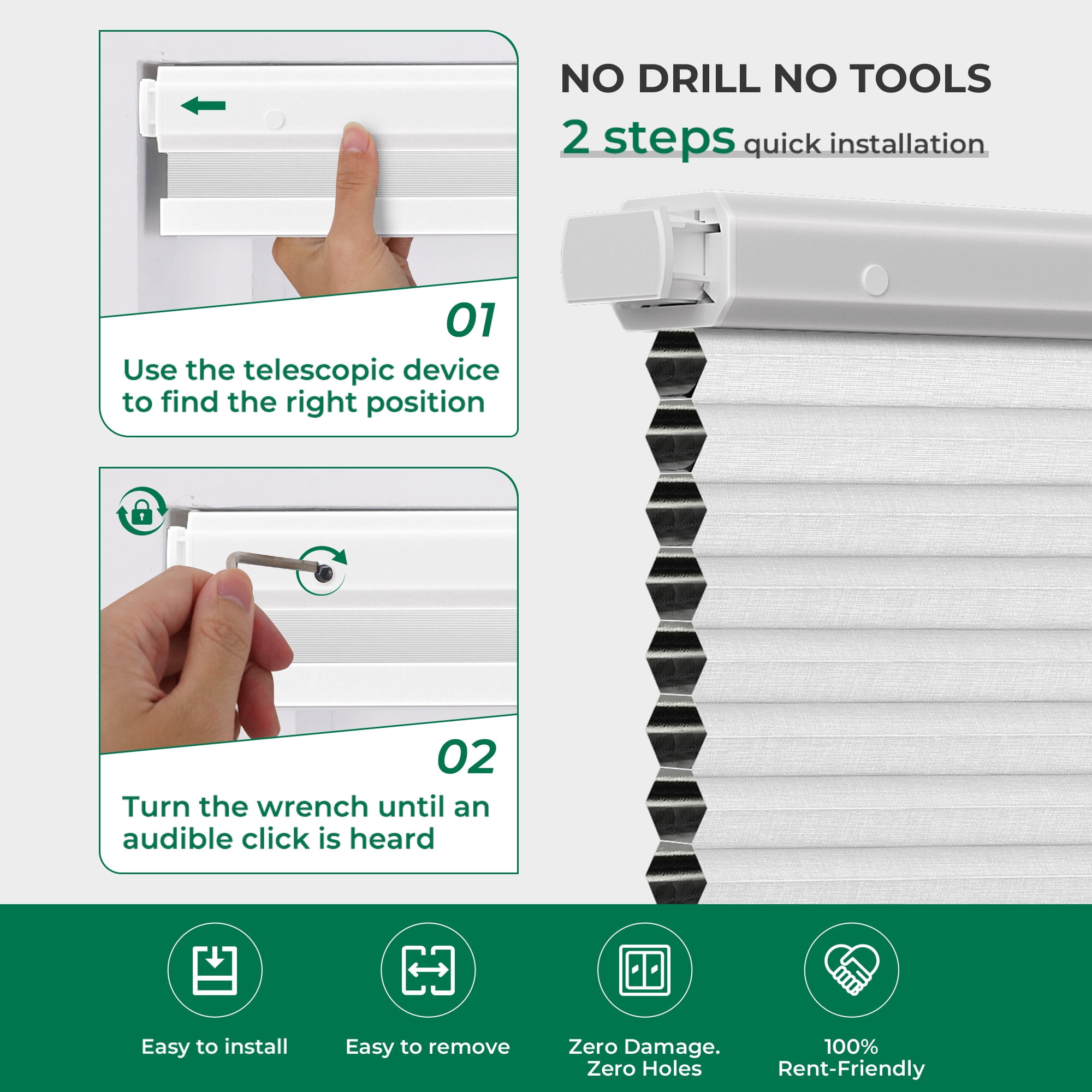 Allesin No Drill Motorized Cellular Shades Quiet Motor 45dB Smart Honeycomb Blinds with App and Voice Control Rechargeable Solar Option Aluminum Rails(36" W x 64" H, 100% Blackout Silver White)