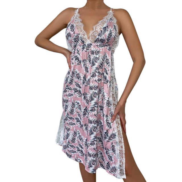 Gibobby Camisón de satén de seda para mujer Día de San Valentín Camisón mujer Sleepshirt Print Suspender Pijama Camisón encaje Ropa dormir(Rosa,M)