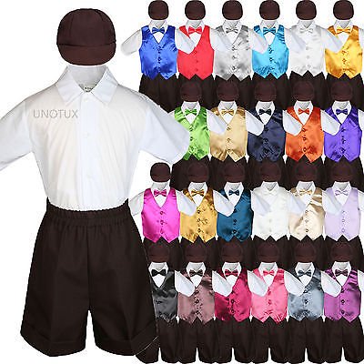 

Baby Boys Toddler Formal Vest Shorts Suit Satin Vest Bow Tie 5pc Khaki Set S-4T