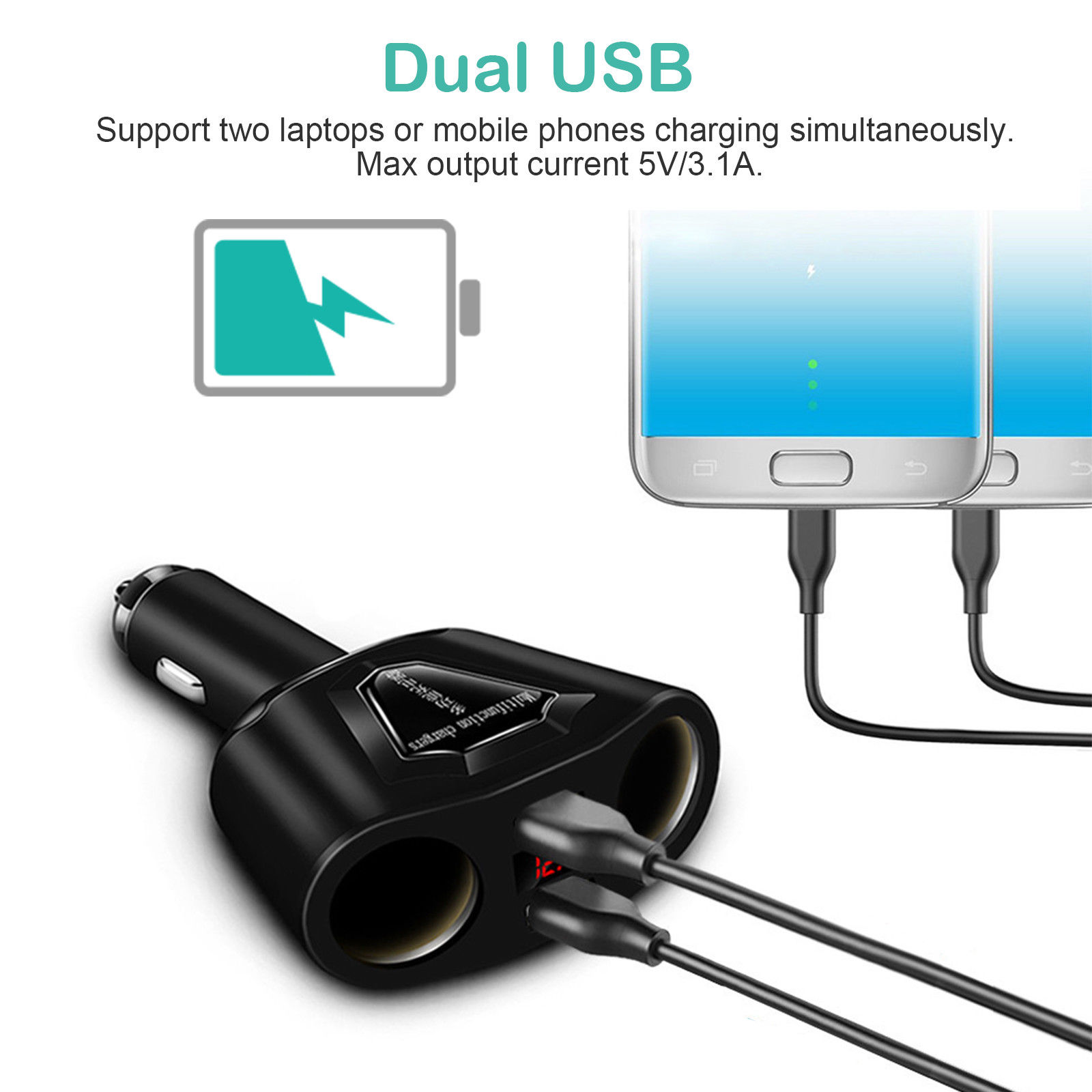 120W 2 Socket Cigarette Lighter Splitter, EEEkit Dual USB Ports 3.1A Fast Charging Socket, Two USB Ports Car Power Charger for Smart Phones, Tablets, GPS Devices - image 3 of 9