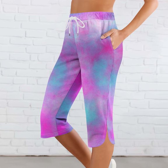 Cagogo Women's Drawstring Tie Dye Capri Pants Casual Active Cropped Yoga Joggers Summer Lounge Elastic Waist Beach Work Trousers, Purple M