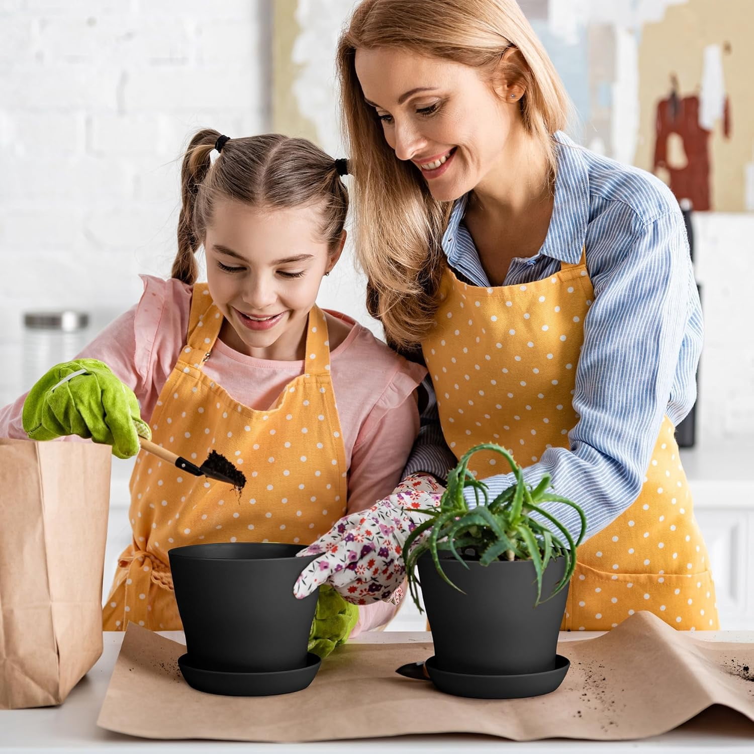 GIXUSIL Modern Matte Black Plant Pots (8-Pack, 4.8 Inch) with Drainage Holes & Trays, Plastic Planter Set for Windowsill, Desk, Kitchen Herb Garden, Succulents- Lightweight & Durable