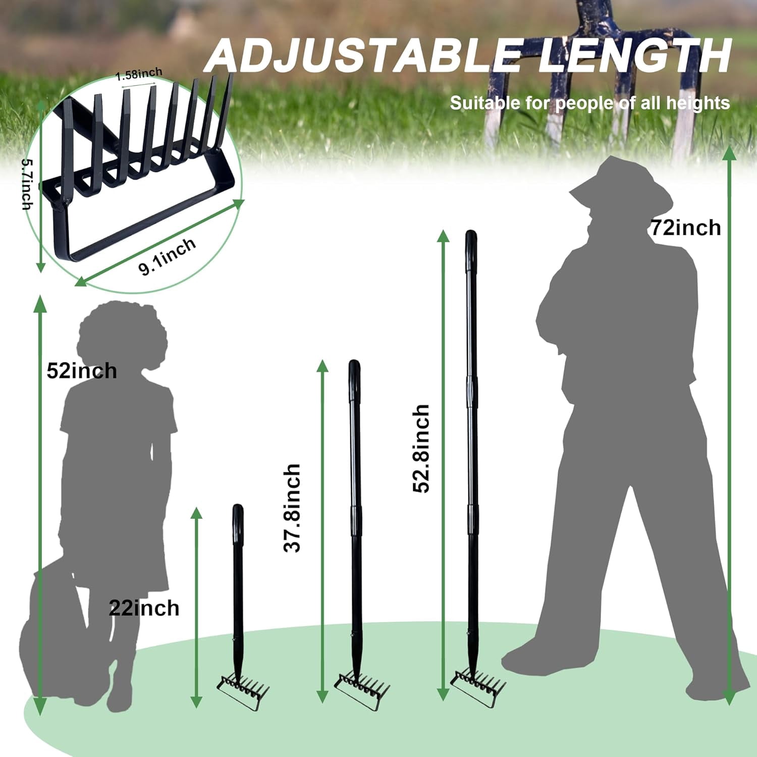 8-Tines Rake and Stirrup - Adjustable Long Handle Scuffle Loop Action for Weeding, Digging, Loosening Soil, Stainless Steel Tiller Cultivator for Gardening, Raised Flower Beds Planting.