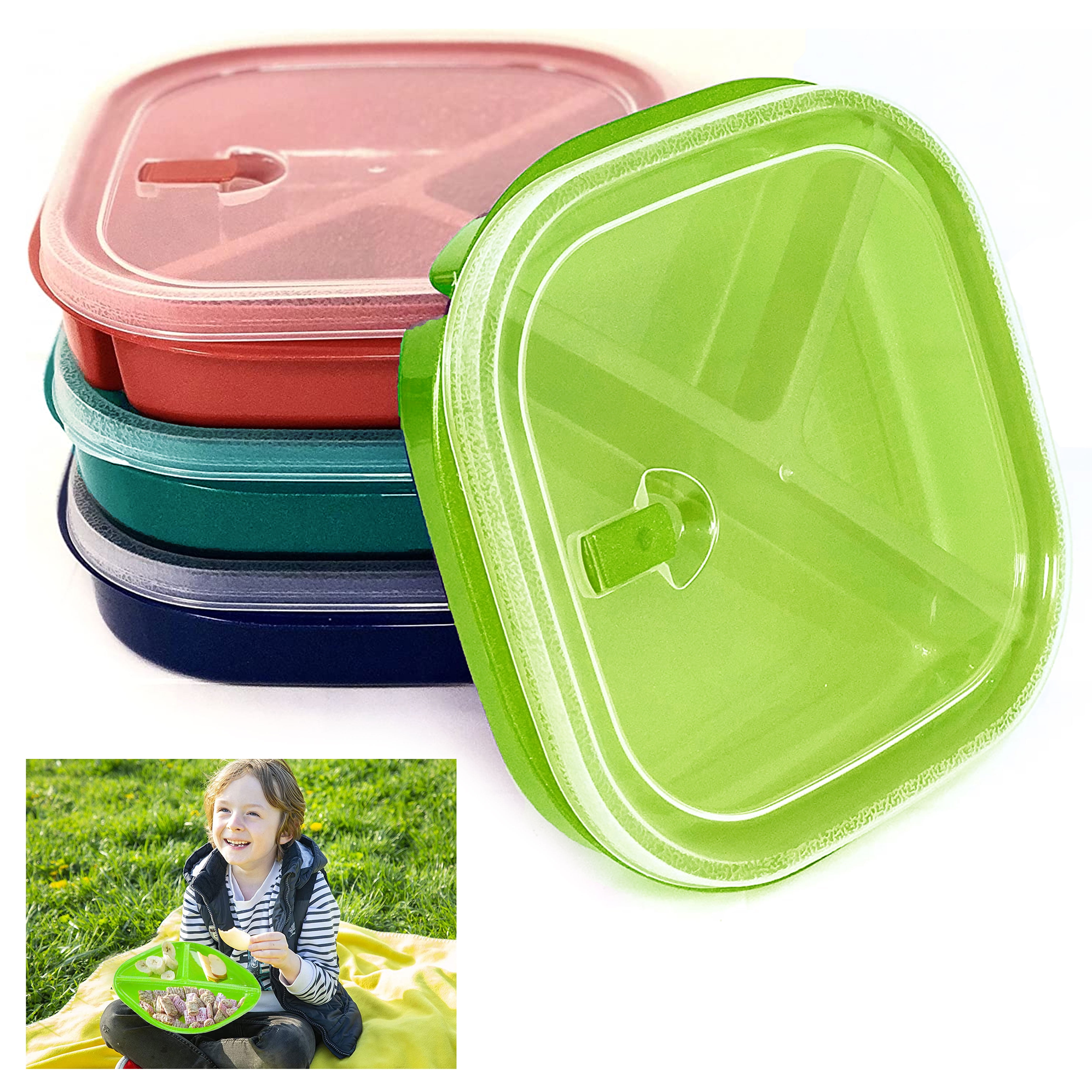 4 Square Divided Plates w Lids Meal Prep Lunch Food Storage Containers