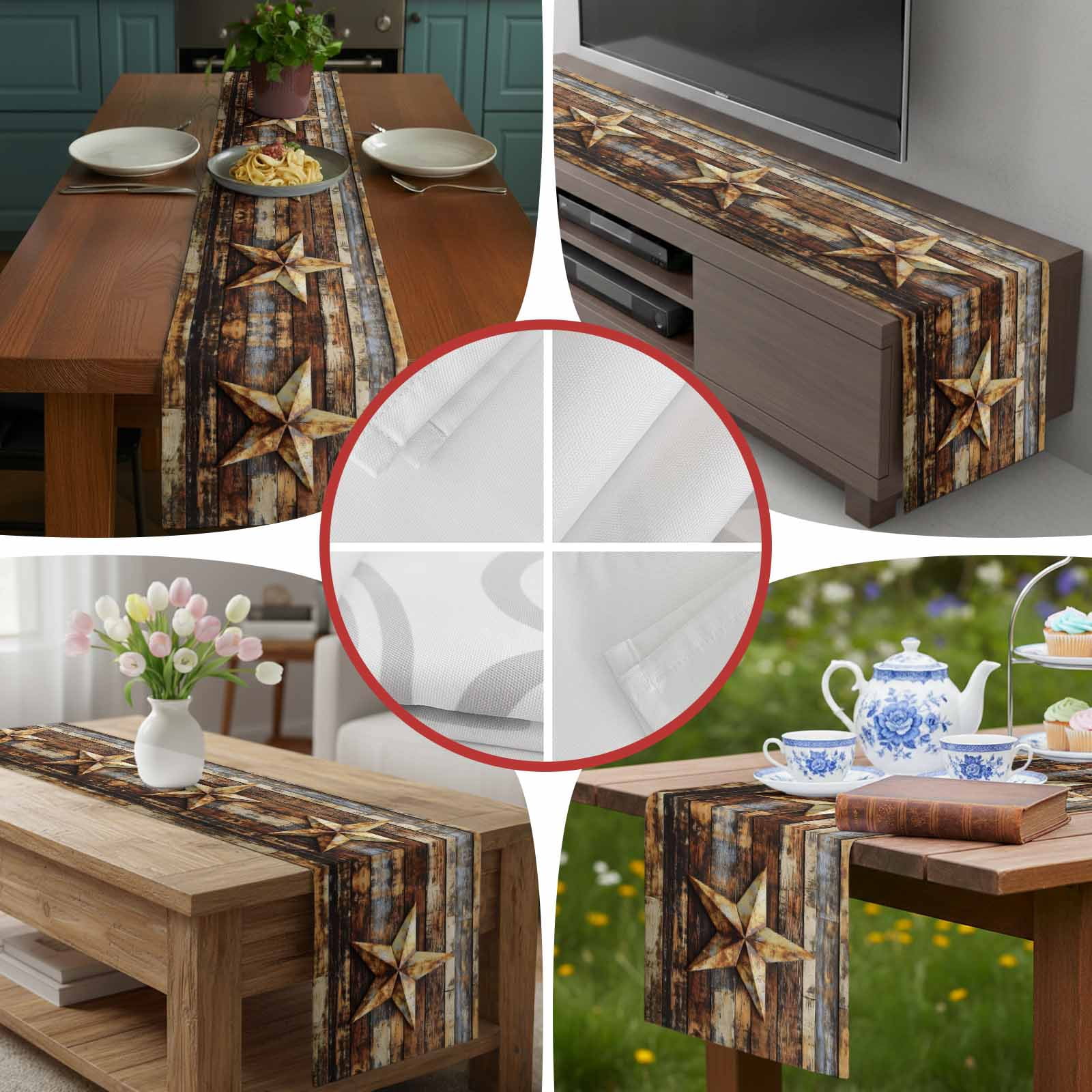 Vintage Texas Star Wood Grain Table Runner 90 Inches Long, Farmhouse Barn Board Table Runners Tabletop Scarf Kitchen Dining Tables Decoration for Home Party Indoor Outdoor