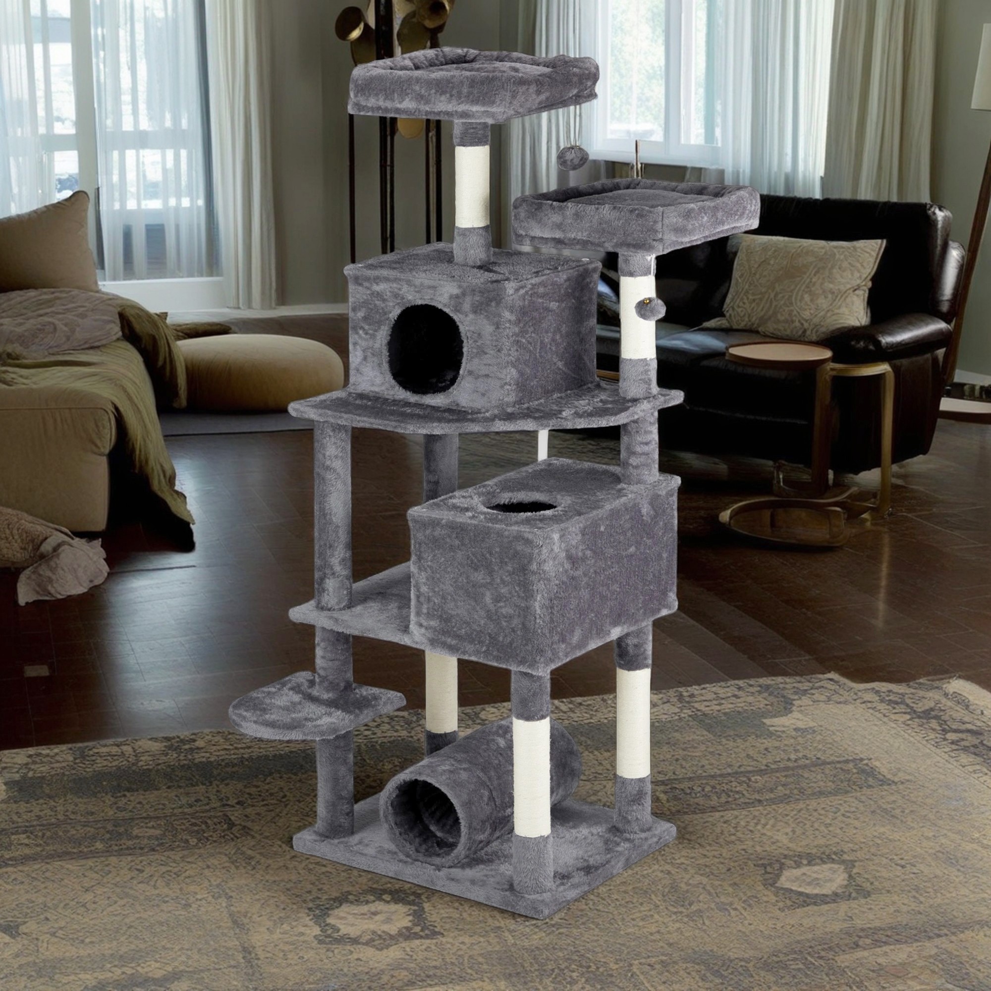 resenkos 65" Cat Tree Tower for Indoor Cats, Cat House with Padded Platform Bed, Toy Balls, 2 Cozy Condo, Cat Play Tunnel and Sisal Scratching Posts, Gray