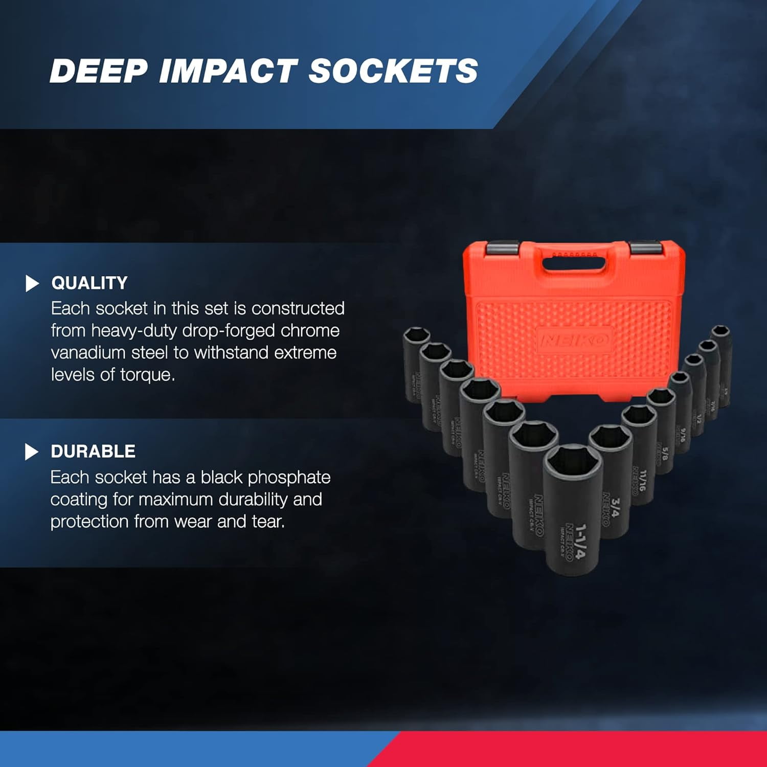【nao】　6点セット Neiko, Impact Socket Set, 14 Piece 6 Point Deep Impact, SAE Sizes