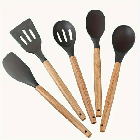 

ZGAD 5pcs Kitchen Utensil Set with Wooden Handles - Non-Stick Perfect for Cooking & Serving Deep Fry Steak Eggs & Soup