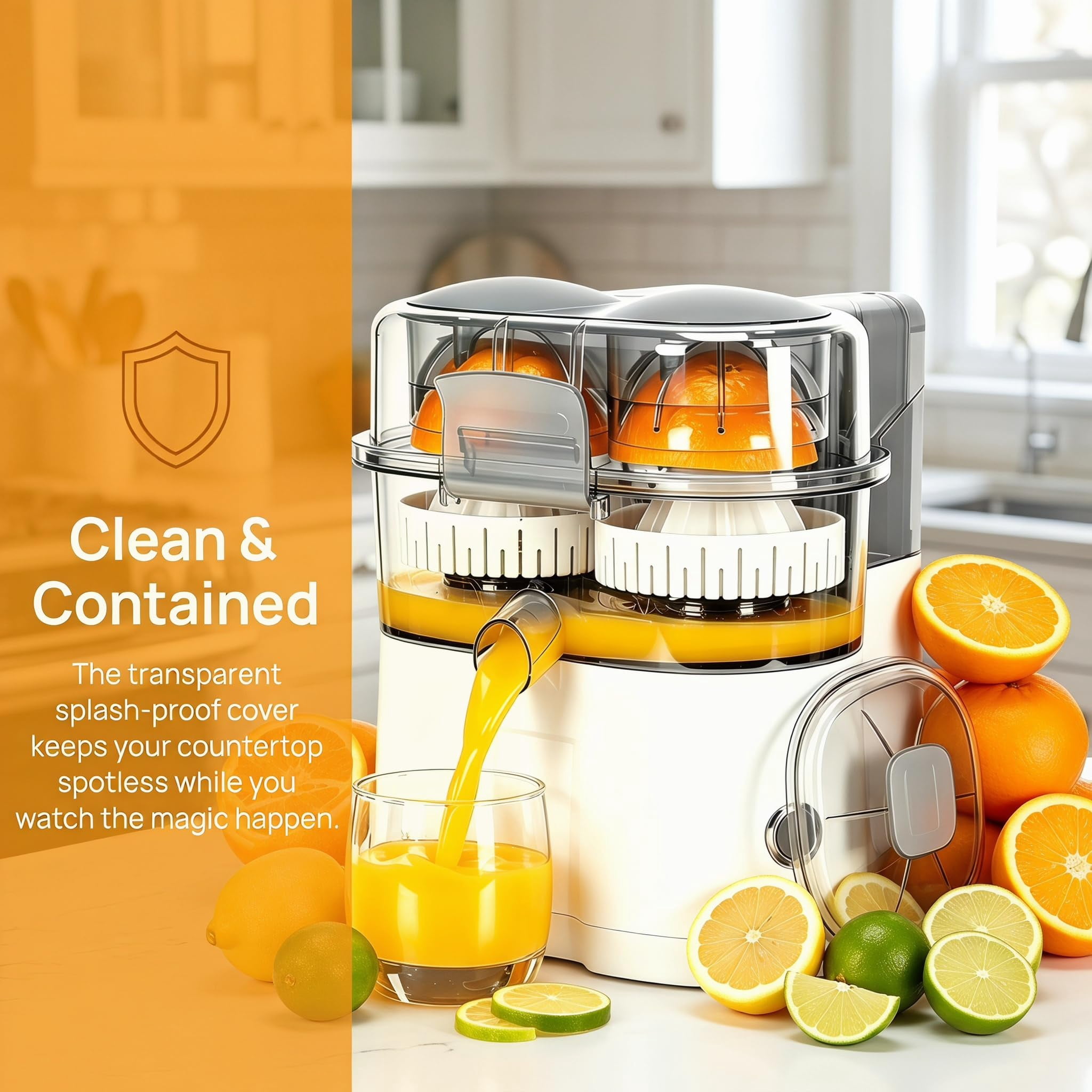 Dual-Head Automatic Citrus Juicer, Electric Orange Lemon Lime Squeezer, 1-Button Juicer Machine with Built-in Cutter, Easy to Clean & Use