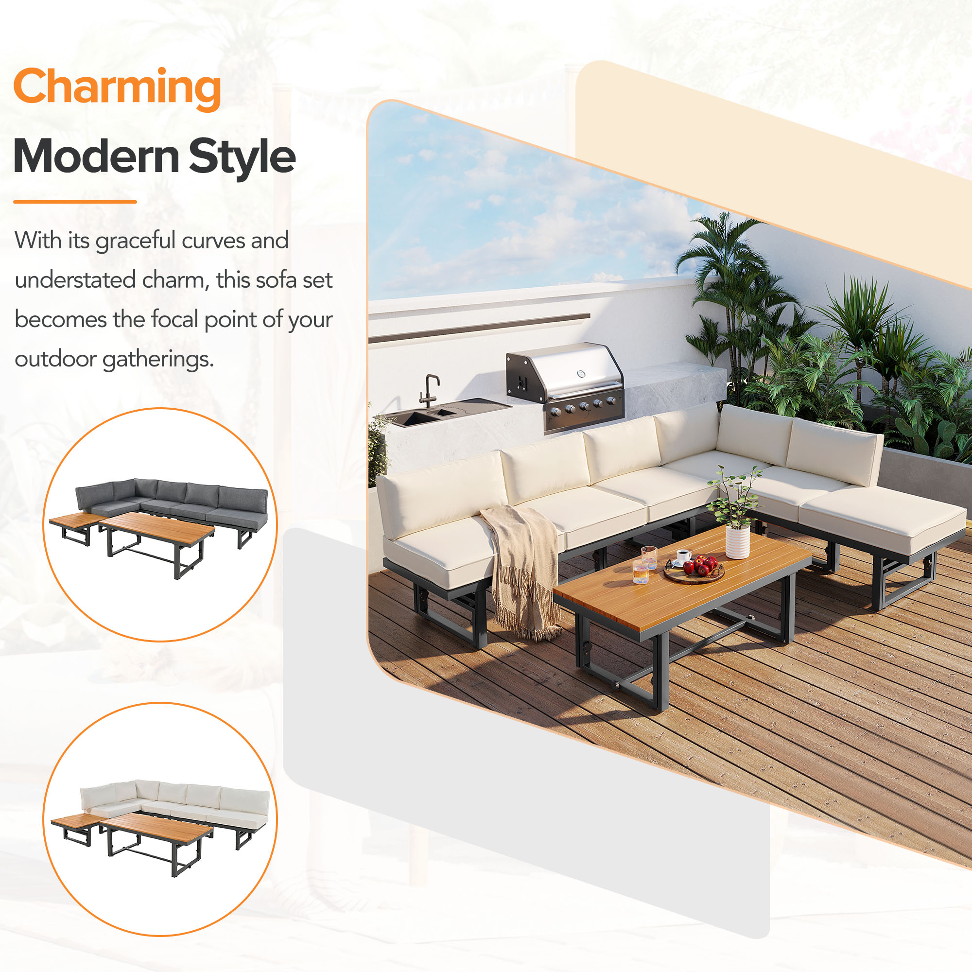 Harper & Bright Designs Metal Patio Conversation Furniture Set, 3 Pieces Modern Outdoor Sectional Sofa Set with Coffee Table and Height Adjustable Seating for Garden and Backyard, Beige