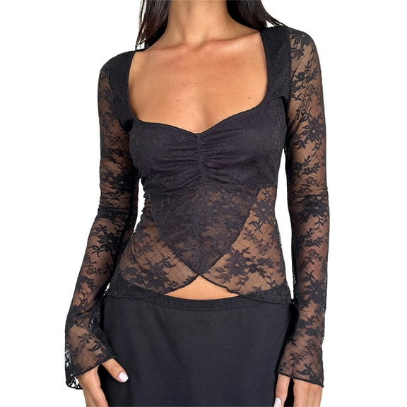 Rdhnmea Women Wrap Tops See-Through Lace Sweetheart V-Neck Long Sleeve Shirt
