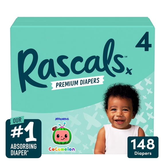Rascals Premium CoComelon Absorbent Baby Diapers Size 4, 148 Count