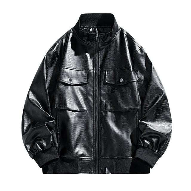 WRKEKC Men's Classic Motorcycle Jacket Genuine Leather Biker Coat with Zipper Pockets, Stand Collar and Long Sleeves for Windproof Riding Protection in Solid Color Black L