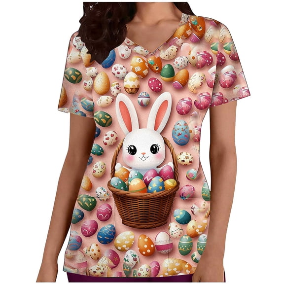 Tnhcen Women's Easter Print V-Neck Scrub Top, Short Sleeve Medical Workwear with Pockets, Holiday Themed Nurse Uniform, Plus Size S-2XL, 95% Polyester 5% Spandex Dobby Fabric