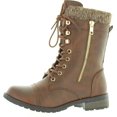 thumbnail image 1 of Forever Link Bottes de Combat pour Femmes Mango-31 à Bout Rond, Style Militaire, à Lacets, en Tricot, Cheville, Revers, Talon Bas, Pu Brun, 8.5, 1 of 4