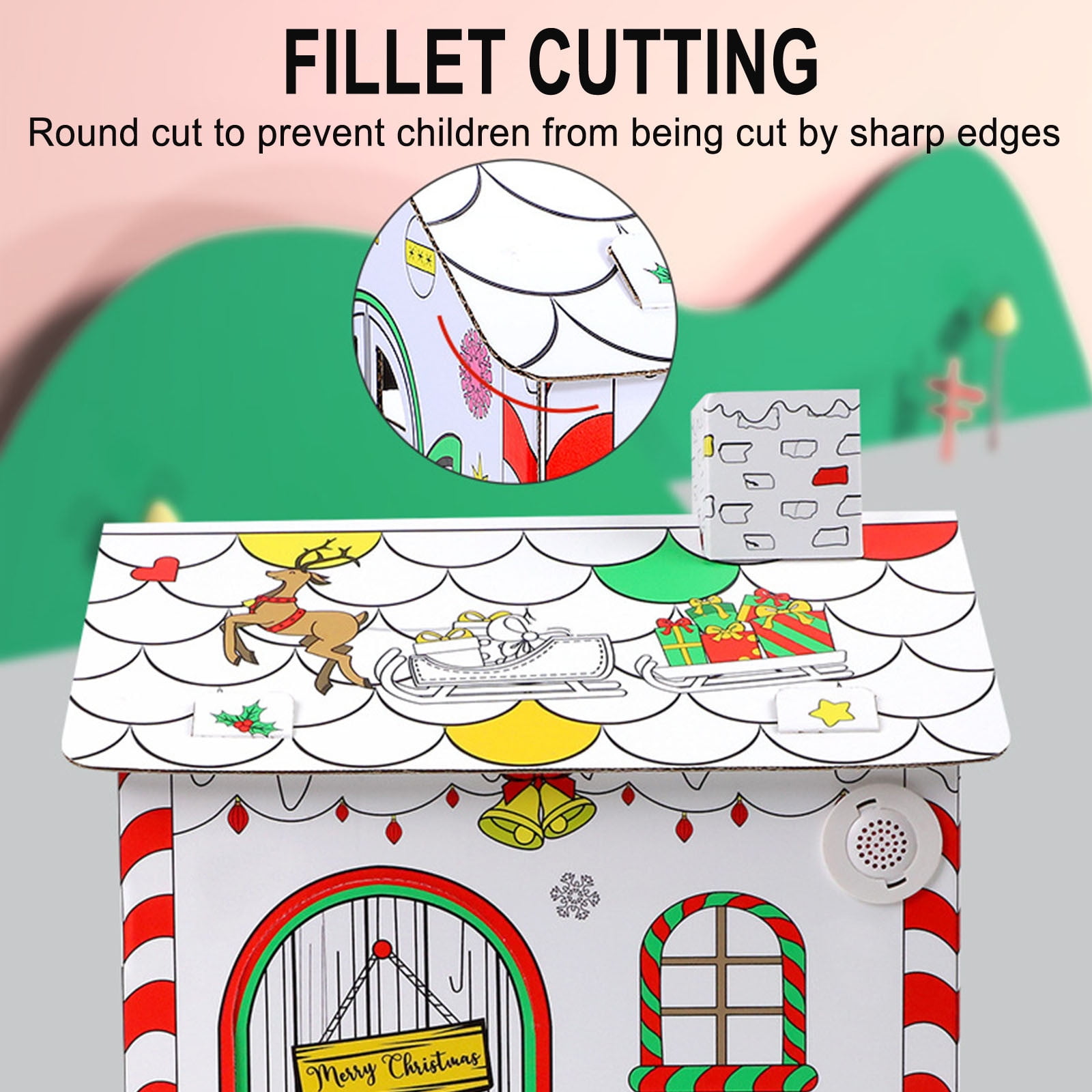 LED Light Up Cardboard Playhouse, DIY Coloring Christmas Cottage with Music, Foldable Paintable Craft Kit for Kids, Complete Art Project with Watercolor Brushes, Interactive Creative Building
