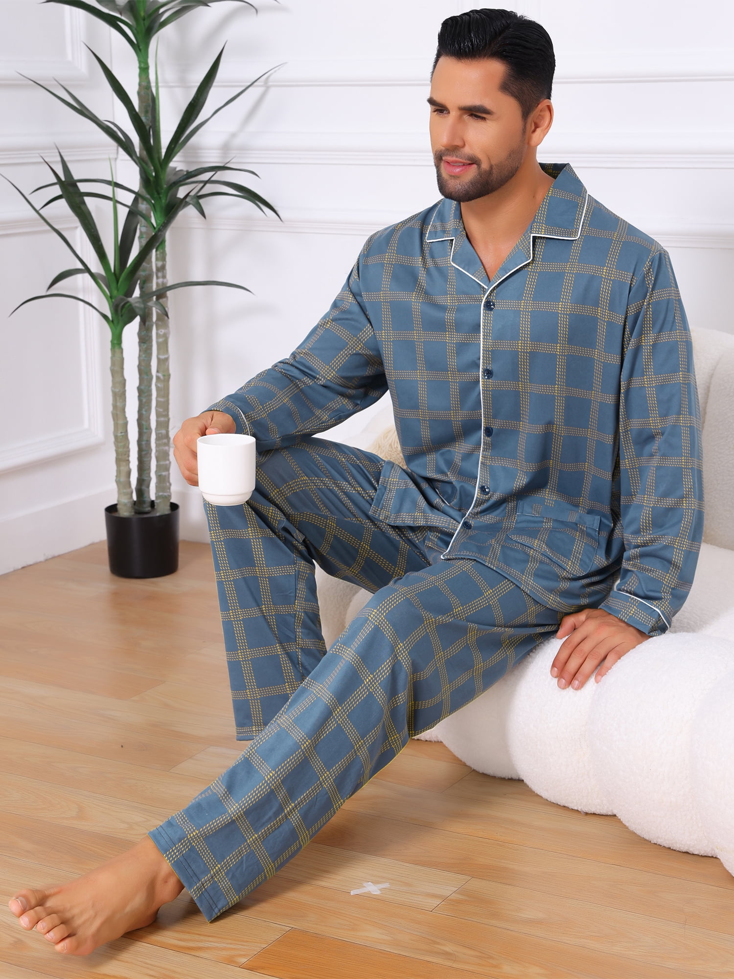 DARING DIVA Men's 2-Piece Long Sleeve Button Down Pocket Pajamas Set S Blue Yellow