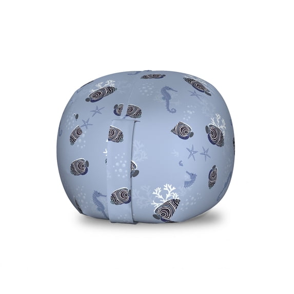 Nautical Storage Toy Bag Chair, Abstract Ornamental Exotic Marine Underwater Fishes Seahorses Seaweeds, Stuffed Animal Organizer Washable Bag, Large Size, Ceil Blue White Black, by Ambesonne