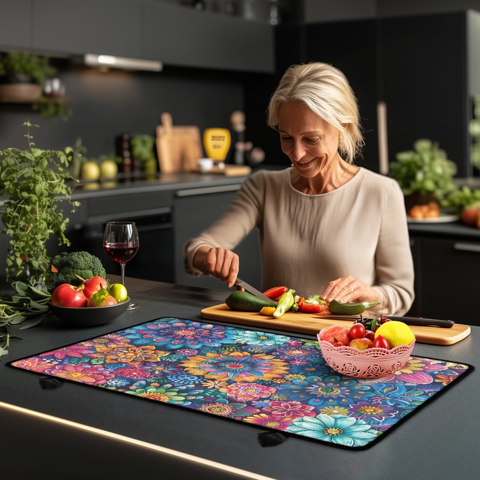 Renewold Stove Cover for Stove Top, Ceramic Stove Top Cover Mat Scratch Resistant Oil Resistant Stovetop Cover Oven Mat Protector for Kitchen Decor, Bohemian Flower Dark Blue