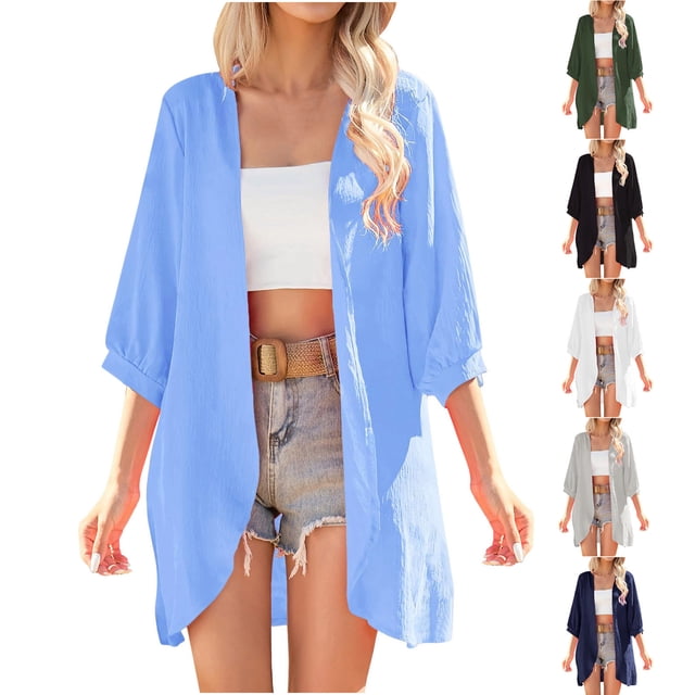 Tops bonitos,Cárdigan de manga 3/4 para mujer, prenda informal de playa de poliéster con abertura frontal, largo largo, sopatenor