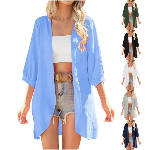 Ropa de otoño,Cárdigan de manga 3/4 para mujer, prenda informal de playa de poliéster con abertura frontal, largo largo, sopatenor