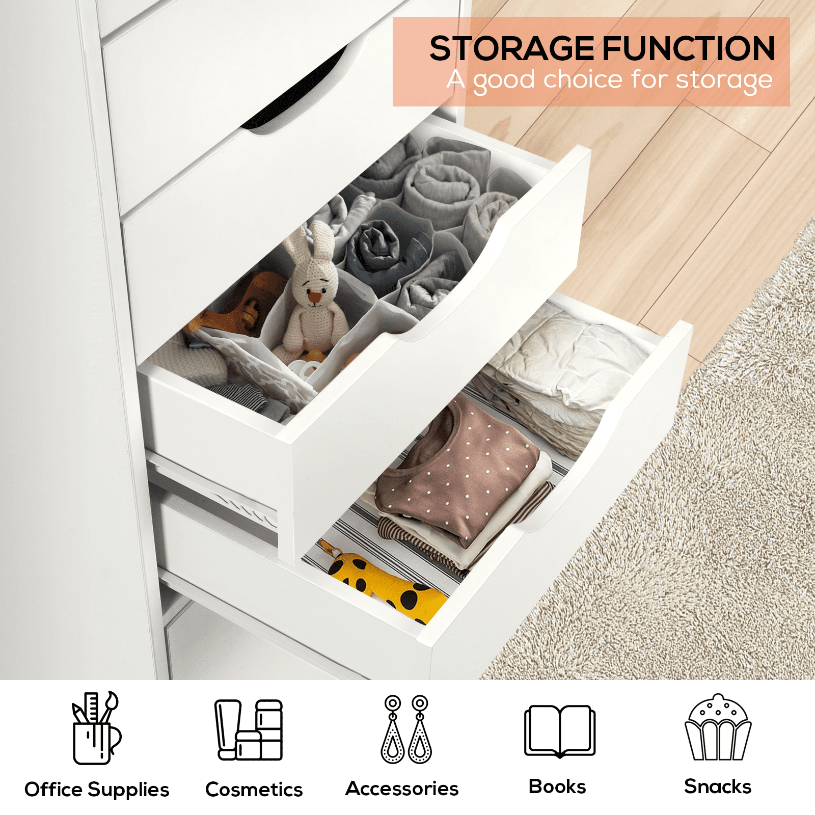 RichYa Mobile File Cabinet with Wheels,Chest of Drawers with Lockable Caster,Rolling Storage Organizer for Home Office,Living Room (White)
